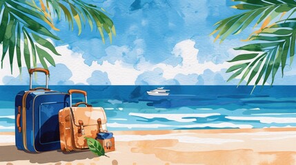 A serene beach scene featuring colorful luggage, tropical leaves, and a distant yacht under a clear blue sky.