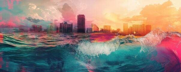 Fototapeta premium Vibrant sunset over city skyline reflected in ocean waves, capturing the essence of urban life and natural beauty.