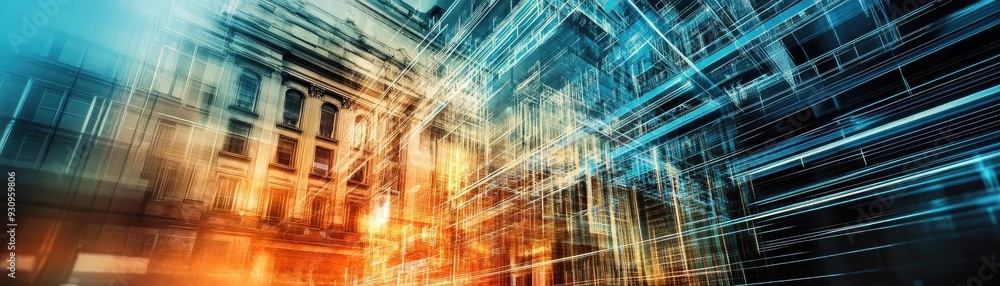 Poster abstract urban landscape with dynamic light trails, creating a sense of movement and energy in a mod