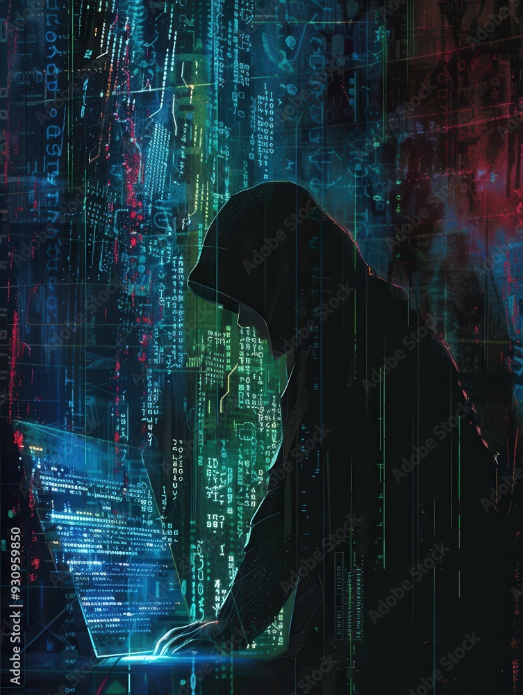 Aufkleber A silhouette of a hacker in a hoodie works intensely on a computer, immersed in vibrant streams of code illuminating the surroundings. Generative AI