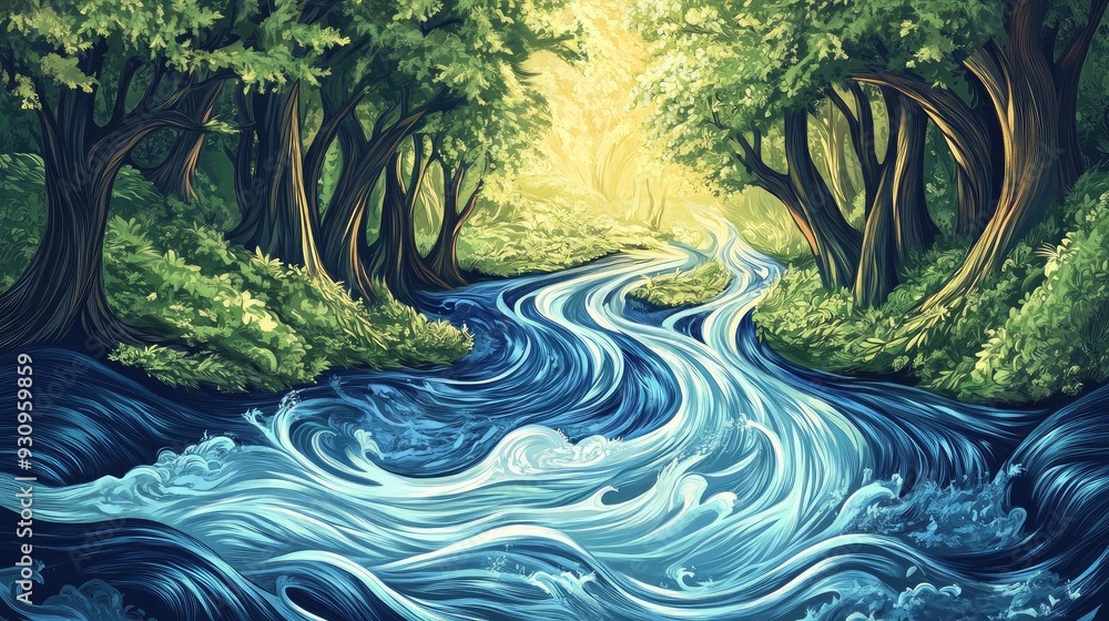 Poster a tranquil river flows through a vibrant forest, illuminated by soft sunlight, creating a serene and