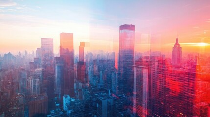 Obraz premium Stunning urban skyline at sunset with vibrant colors reflecting off skyscrapers. A perfect view of city life and architecture.