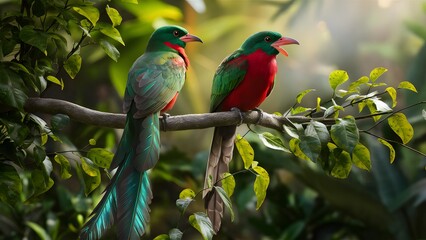 Obraz premium Resplendent Quetzal Bird Perched on a Branch in Nature, Wallpaper, Cover and Screen for Smartphone, Cell Phone, Computer, Laptop