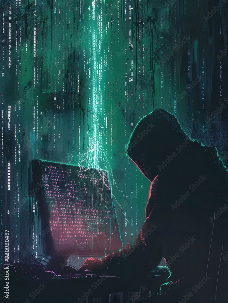 Leinwandbilder A silhouette of a hooded figure works intently on a computer, a large screen ablaze with cascading lines of green and red code in a dimly lit environment. Generative AI
