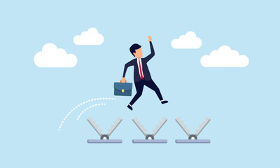 Avoiding work related issues that hinder productivity concept of A businessman jumping over traps that could endanger his career
