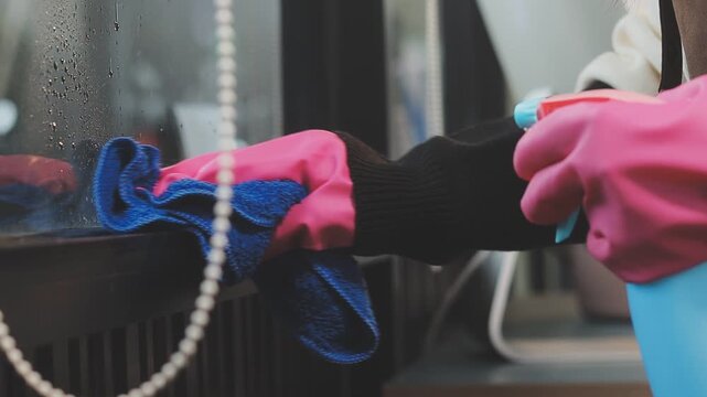 glass cleaner on a sheet of Cleaning glass window with a cloth special rag blue. close up hand