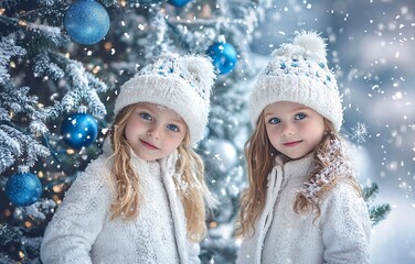 two young girls, wearing white coats and hats, posing near a Christmas tree decorated with blue ornaments and snowflakes falling from above. Happy Christmas spirit concept