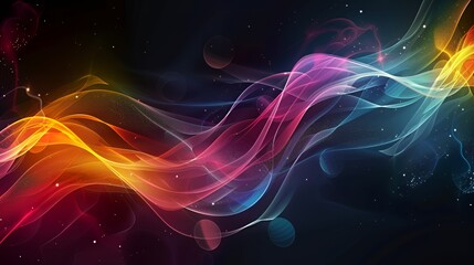 Abstract colorful wavy lines with a dark background and glowing lights.