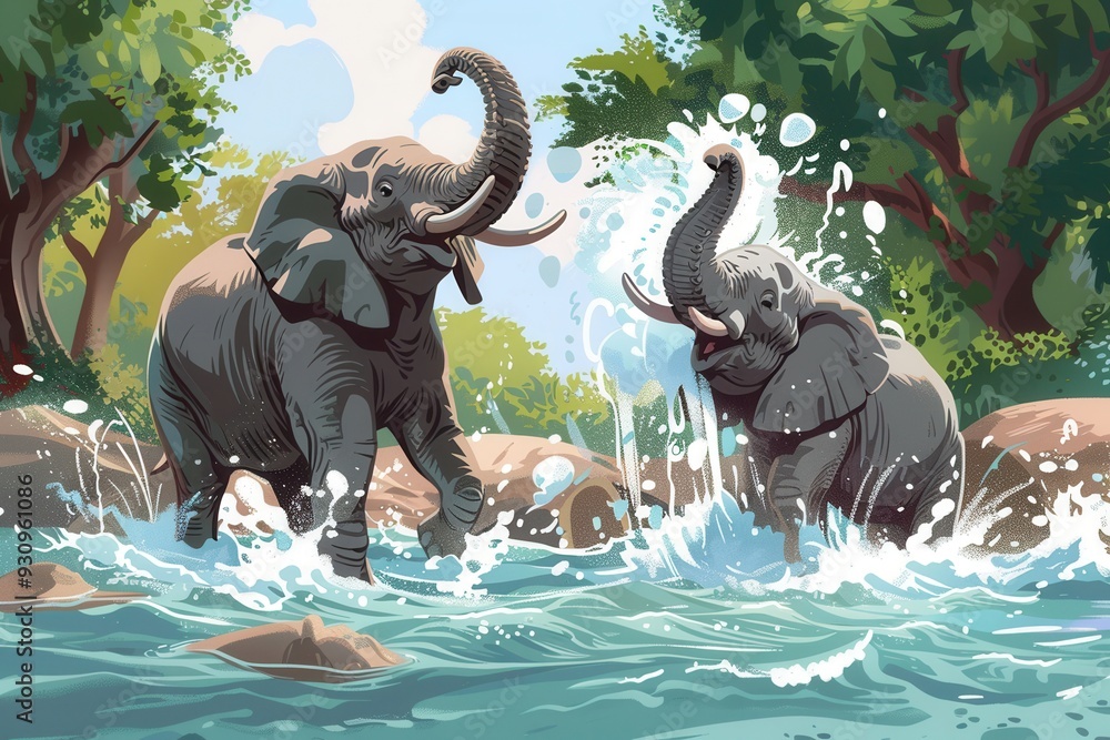 Poster two elephants enjoy splashing water while playing together in a serene river surrounded by lush gree