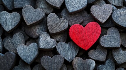 Obraz premium Elegant Valentine's Day Mood Board with Wooden Hearts, Red Heart Prominence, Symbolizing Love and Romance in a Rustic Setting