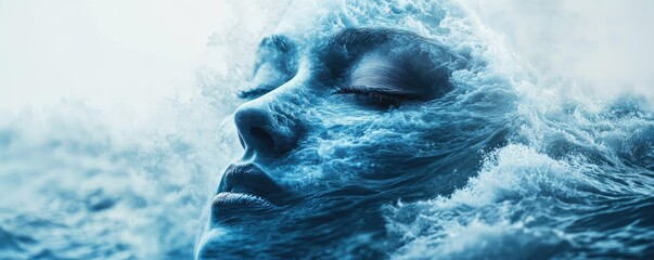 A serene representation of a face merging with ethereal waves, symbolizing the harmony of nature and human spirit.