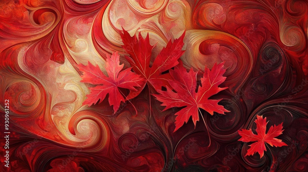 Poster vibrant red leaves amidst swirling abstract patterns, creating a captivating autumn atmosphere and l