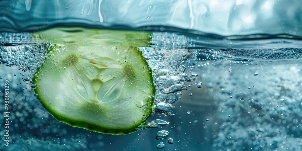 Poster banner with copy space featuring a macro shot of a cucumber slice submerged underwater