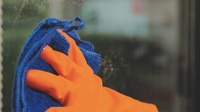 glass cleaner on a sheet of Cleaning glass window with a cloth special rag blue. close up hand