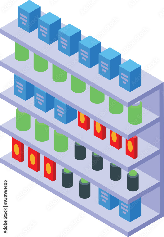 Poster supermarket shelf displaying a variety of colorful food cans and boxes in an isometric view