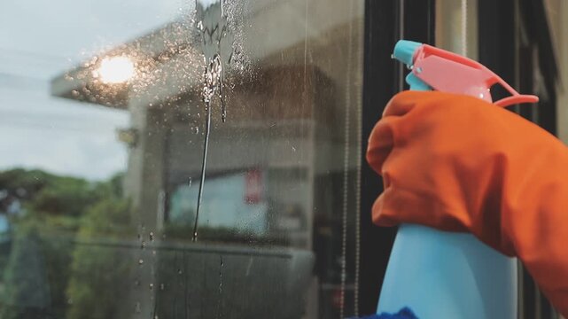 glass cleaner on a sheet of Cleaning glass window with a cloth special rag blue. close up hand