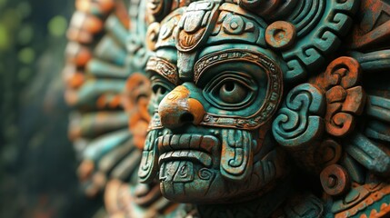 Fototapeta premium A close-up of a Mayan sculpture depicting a guardian figure with intricate carvings. Anunnaki sculpture, with large, almond-shaped eyes and ornate headdress, exuding mystery.