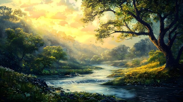 Beautiful fantasy surreal landscape with river and trees