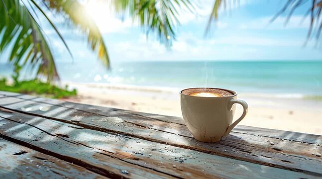 A steaming cup of coffee placed on a table by the beach, with the calming sound of waves and a peaceful ocean view in the background Seamless looping 4k time-lapse virtual video animation Generated AI