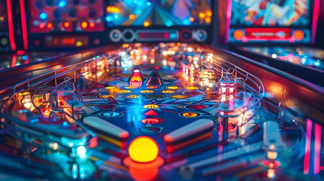 A close-up of a pinball machine with the ball in the center, surrounded by colorful lights and targets.