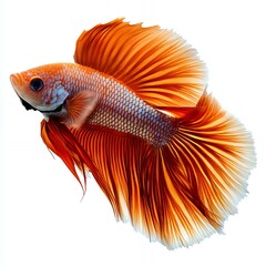 Fototapeta premium Vibrant orange Siamese fighting fish swimming gracefully, isolated on a clean white background.