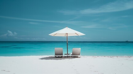 Fototapeta premium Two lounge chairs under a white umbrella on a pristine white sand beach with clear blue water and a blue sky.