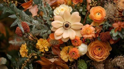 Close-up of fall flower arrangement in orange and beige colors