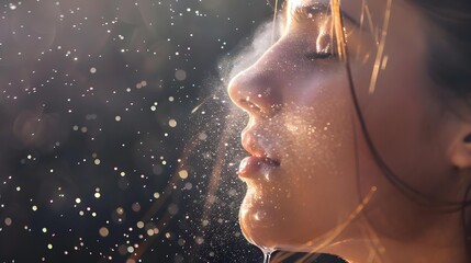 Closeup of a woman spraying refreshing water mist