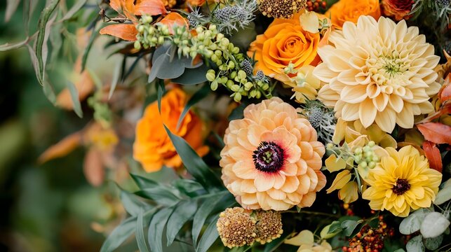 Close-up of fall flower arrangement with orange and beige colors