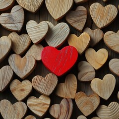 Obraz premium Elegant Valentine's Day Mood Board with Wooden Hearts, Red Heart Prominence, Symbolizing Love and Romance in a Rustic Setting