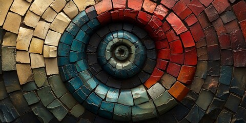 Naklejka premium Antique Sepia Vortex: Intricate Mosaic Tiles in Vibrant Colors, generative ai