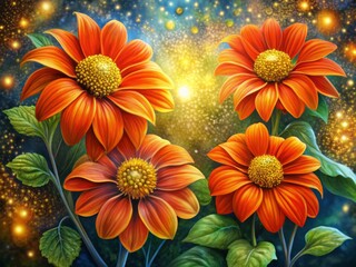 Fantasy ,Elegant and Beautiful Hand Drawn Surrealist Acrylic Painting  Flowers of Tithonia (Tithonia rotundifolia) , Small Light glowing effect and Gold Leaf effect of  particles