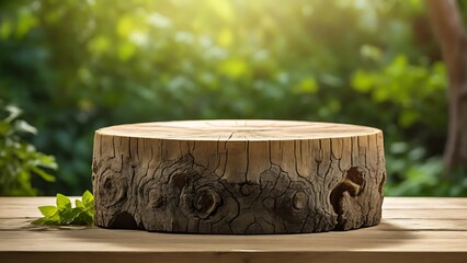 tree podium with green nature background