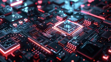 Obraz premium Close-up of a Circuit Board with Glowing Red and Blue Lights
