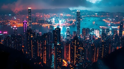 Obraz premium High angle view of illuminated cityscape at night