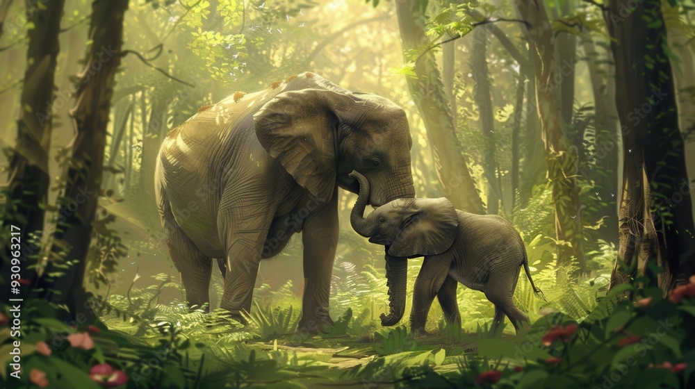 Poster a mother elephant affectionately interacts with her calf in a vibrant, sunlit forest filled with abu