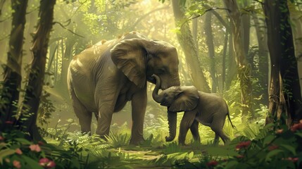 Fototapeta premium A mother elephant affectionately interacts with her calf in a vibrant, sunlit forest filled with abundant greenery and colorful flowers. Generative AI