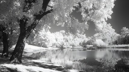 Infrared scene of a pond and trees