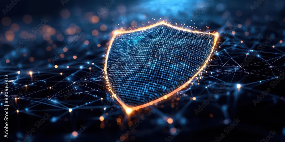 Poster futuristic digital shield symbolizing cybersecurity and protection in a networked world of data and 