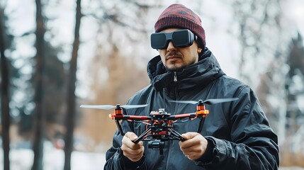 Fototapeta premium Man controlling FPV quadcopter drone for aerial photography