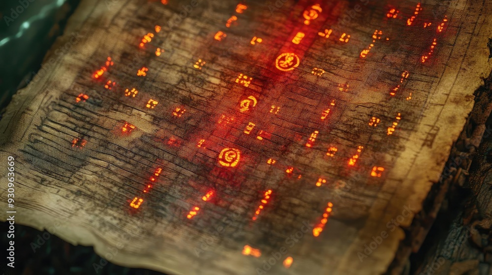 Poster ancient manuscript with glowing symbols and intricate designs, showcasing mysterious text on a weath