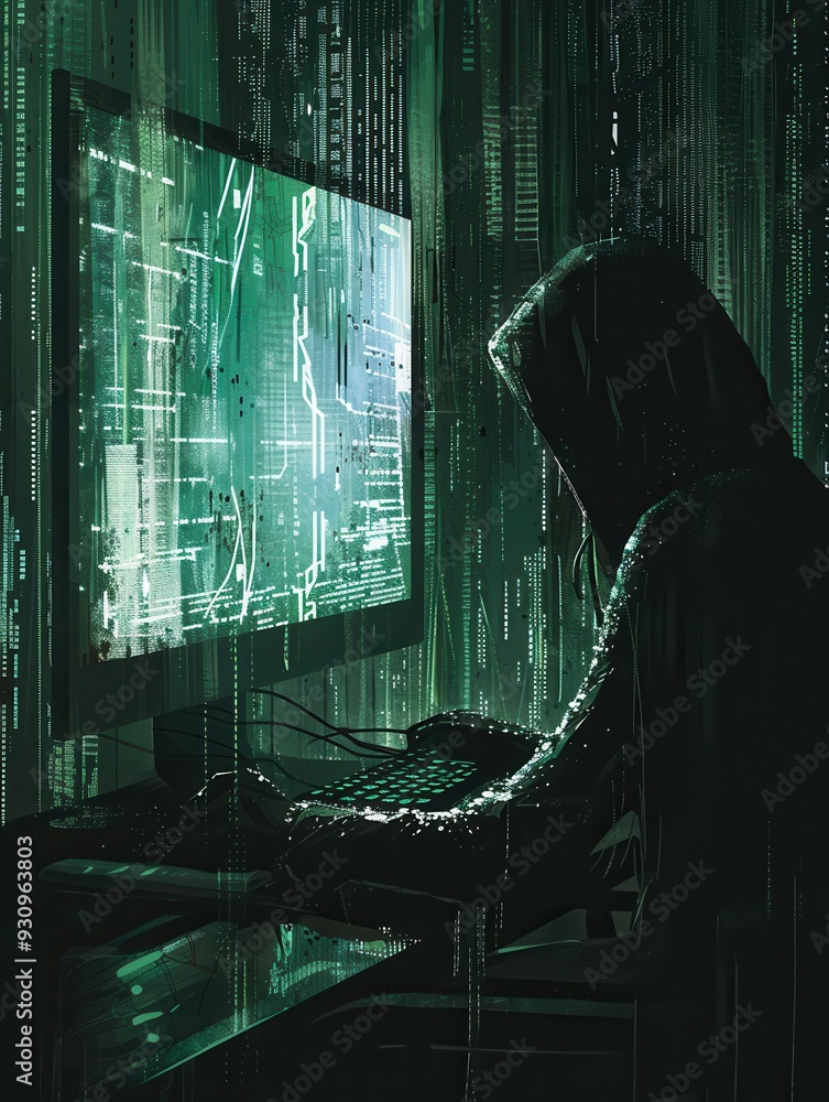 Leinwandbilder A figure wearing a hoodie sits before a glowing screen, engrossed in coding while green matrix-like symbols cascade down the display. Generative AI