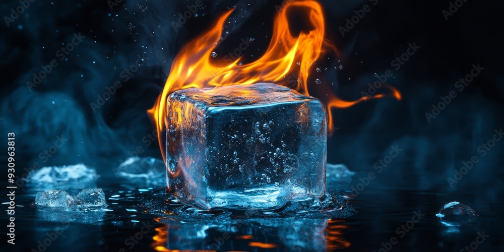 Poster this stunning image features a solitary ice cube against vibrant flames, showcasing the dramatic con
