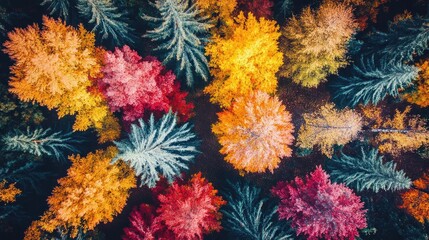 A breathtaking aerial view of vibrant autumn trees showcasing rich colors of red, orange, and yellow in a scenic landscape.