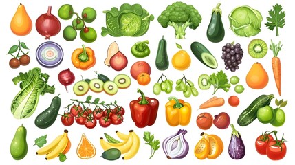 Set of colorful fruits and vegetables
