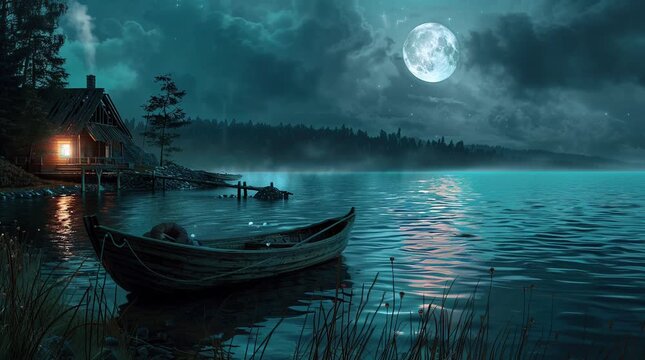 A solitary wooden boat drifting on the calm ocean at night, illuminated by the soft glow of a full moon, creating a peaceful and ser Seamless looping 4k time-lapse virtual video animation Generated AI