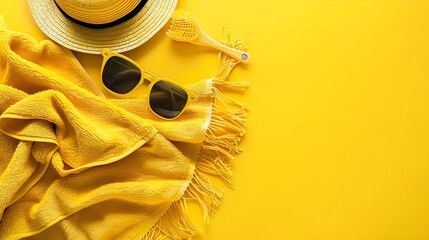 Fototapeta premium Summer beach vibes with yellow towel, sunglasses, and hat