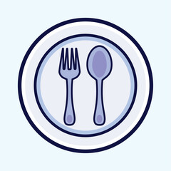 Spoon and Fork on plate icon set with style cartoon illustration, on Top View. design template