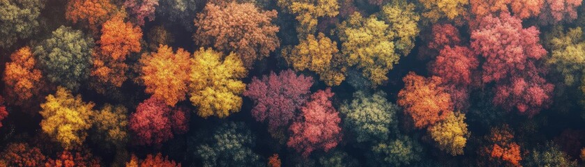 A stunning aerial view of vibrant autumn trees showcasing a beautiful mix of red, orange, and yellow foliage.