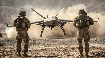 Fototapeta premium Two soldiers with their backs to the camera launching